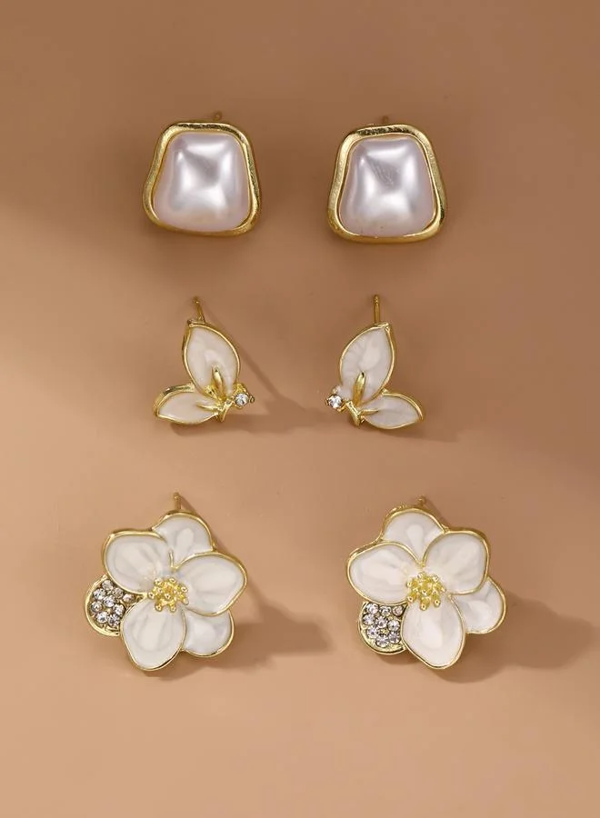 Take Two Set of 3 - Faux Pearl Flower Earrings