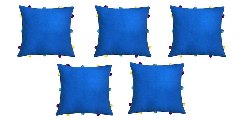Lushomes Cushion Cover 12x12 Boho Cushion Covers Sofa Pillow Cover Cushion Covers with Tassels Cushion Cover with pom pom 12x12 Inches Set of 5 Blue - Image 1
