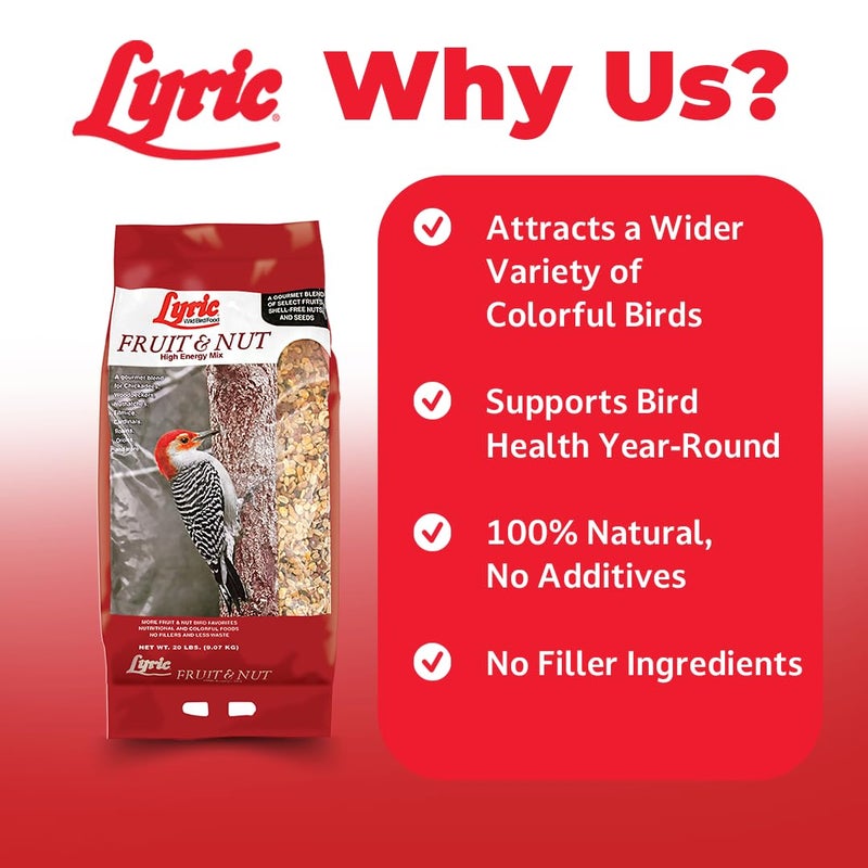 Lyric Fruit and Nut Wild Bird Seed - High Energy Wild Bird Food Mix - Attracts Woodpeckers, Chickadees & Other Songbirds -20 lb. Bag - Image 2