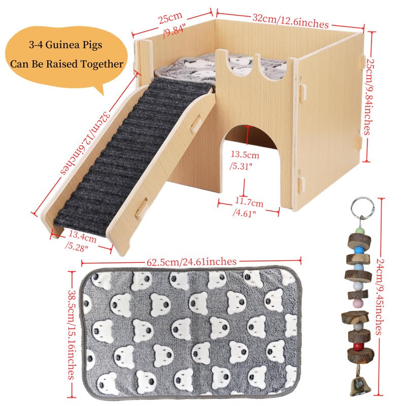GaoHanKJ Guinea Pig Hideout, Small Animals House with | Mat Ramp | Cave | Blanket | Toy |, Wooden Detachable Castle for Guinea Pig Cages Accessories, Bed Hut Habitats for Hamster Bunny Playing Sleeping Hiding - Image 5