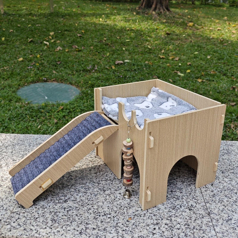 GaoHanKJ Guinea Pig Hideout, Small Animals House with | Mat Ramp | Cave | Blanket | Toy |, Wooden Detachable Castle for Guinea Pig Cages Accessories, Bed Hut Habitats for Hamster Bunny Playing Sleeping Hiding - Image 1