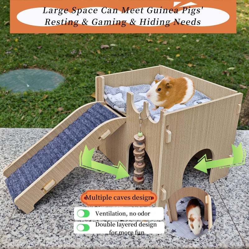 GaoHanKJ Guinea Pig Hideout, Small Animals House with | Mat Ramp | Cave | Blanket | Toy |, Wooden Detachable Castle for Guinea Pig Cages Accessories, Bed Hut Habitats for Hamster Bunny Playing Sleeping Hiding - Image 2