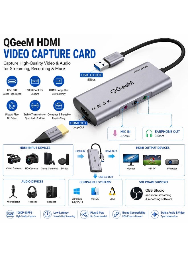 كيوجيم بطاقة التقاط فيديو HDMI - جهاز التقاط ألعاب USB 3.0 مزود بمخرج HDMI حلقي، ومدخل/مخرج صوت للبث المباشر والتسجيل - Image 2