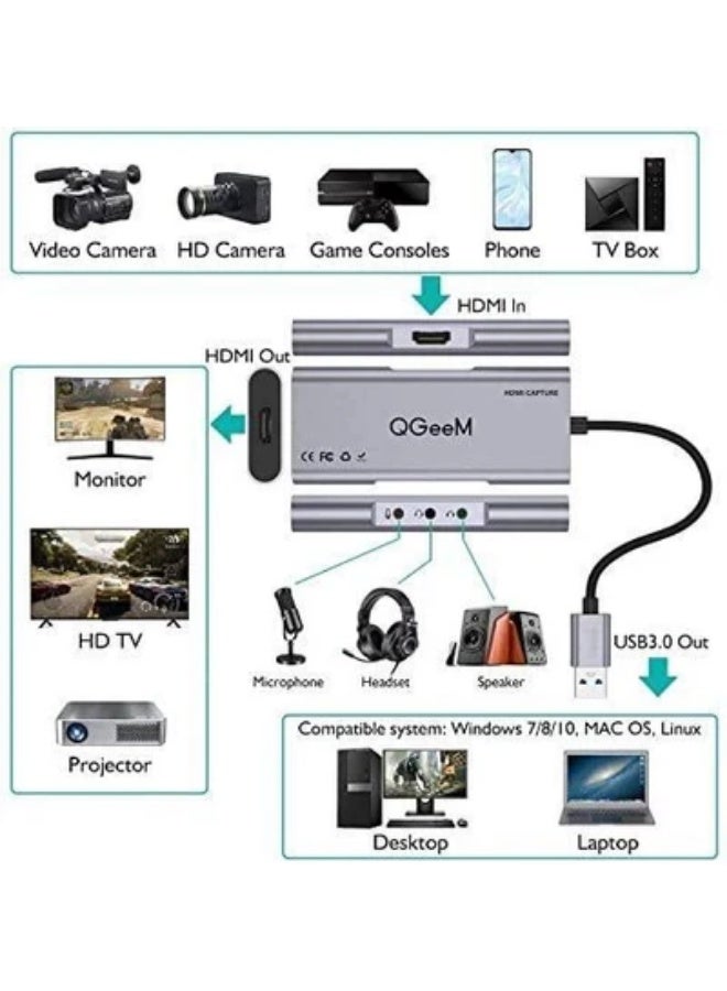 كيوجيم بطاقة التقاط فيديو HDMI - جهاز التقاط ألعاب USB 3.0 مزود بمخرج HDMI حلقي، ومدخل/مخرج صوت للبث المباشر والتسجيل - Image 3