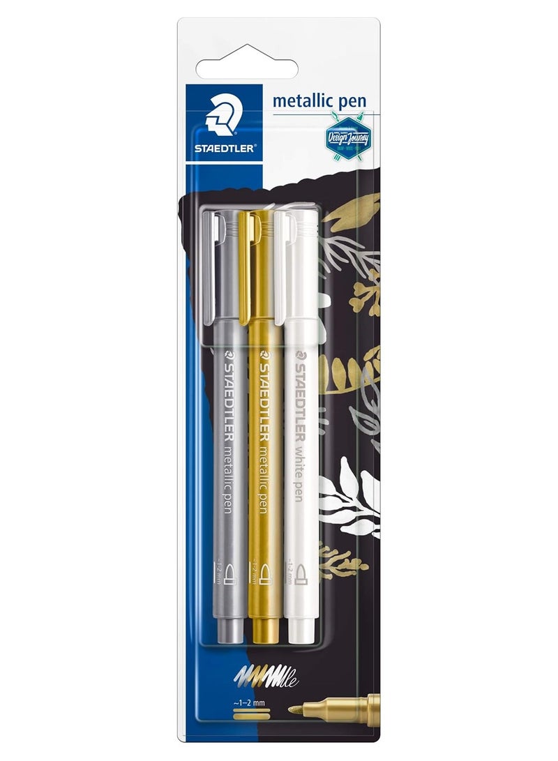 Staedtler 8323-S Bk3 Pack Of Gold And Silver Metallic Pens And A White Marker Pen - Image 1