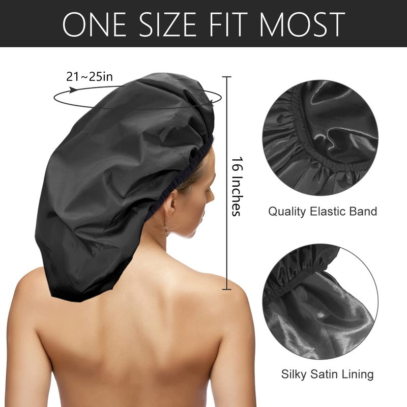 Auban Extra Large Shower Cap, Double-Layer Waterproof Reusable, XL Satin Lining Shower Bonnet for Women Thick, Long Hair, Locs, Braids(Black) - Image 2