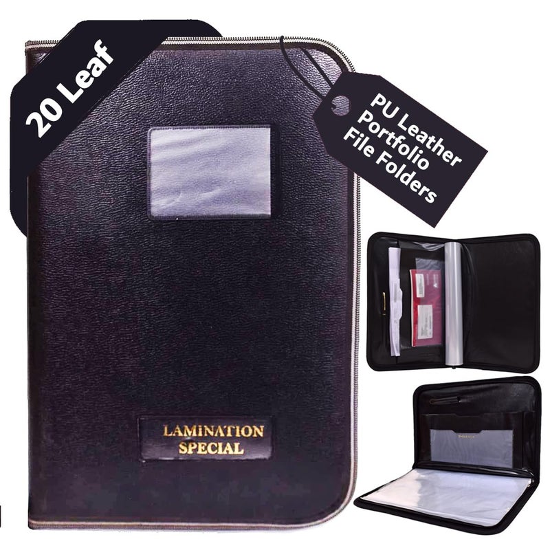 FUTURE X محفظة ملفات جلد PU بـ 20 ورقة، محفظة مقابلة، ملفات احترافية، حافظات ملفات بسحاب، ومنظم ملفات مستندات، حامل شهادة، حقيبة (محفظة سوداء بسيطة_عبوة من 1) - Image 1