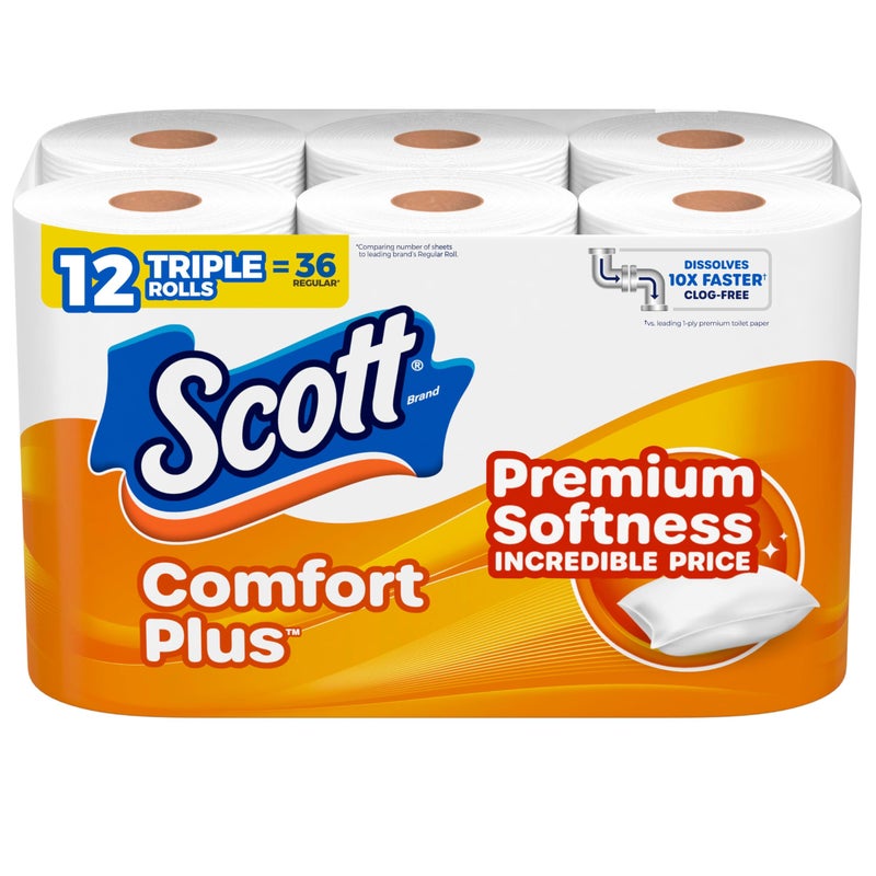 Scott ComfortPlus Toilet Paper, 12 Triple Rolls, 231 Sheets per Roll, Septic-Safe, 1-Ply Toilet Tissue (Packaging May Vary) - Image 1
