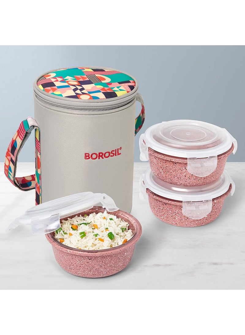 BOROSIL Borosil Kube Pink Borosilicate Glass Lunchbox with Bag 3 pc Round Container Set 400 ml Each Microwave Dishwasher Safe Leakproof Tiffin for Office School College Transparent  - Image 1