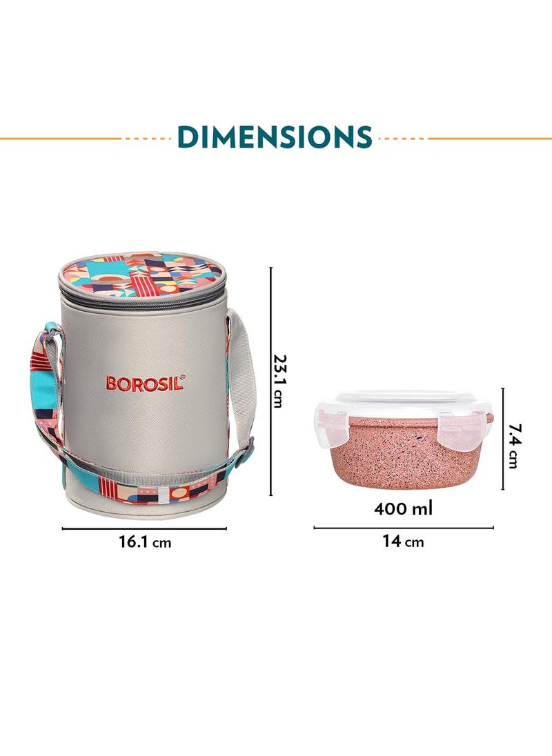 BOROSIL Borosil Kube Pink Borosilicate Glass Lunchbox with Bag 3 pc Round Container Set 400 ml Each Microwave Dishwasher Safe Leakproof Tiffin for Office School College Transparent  - Image 2