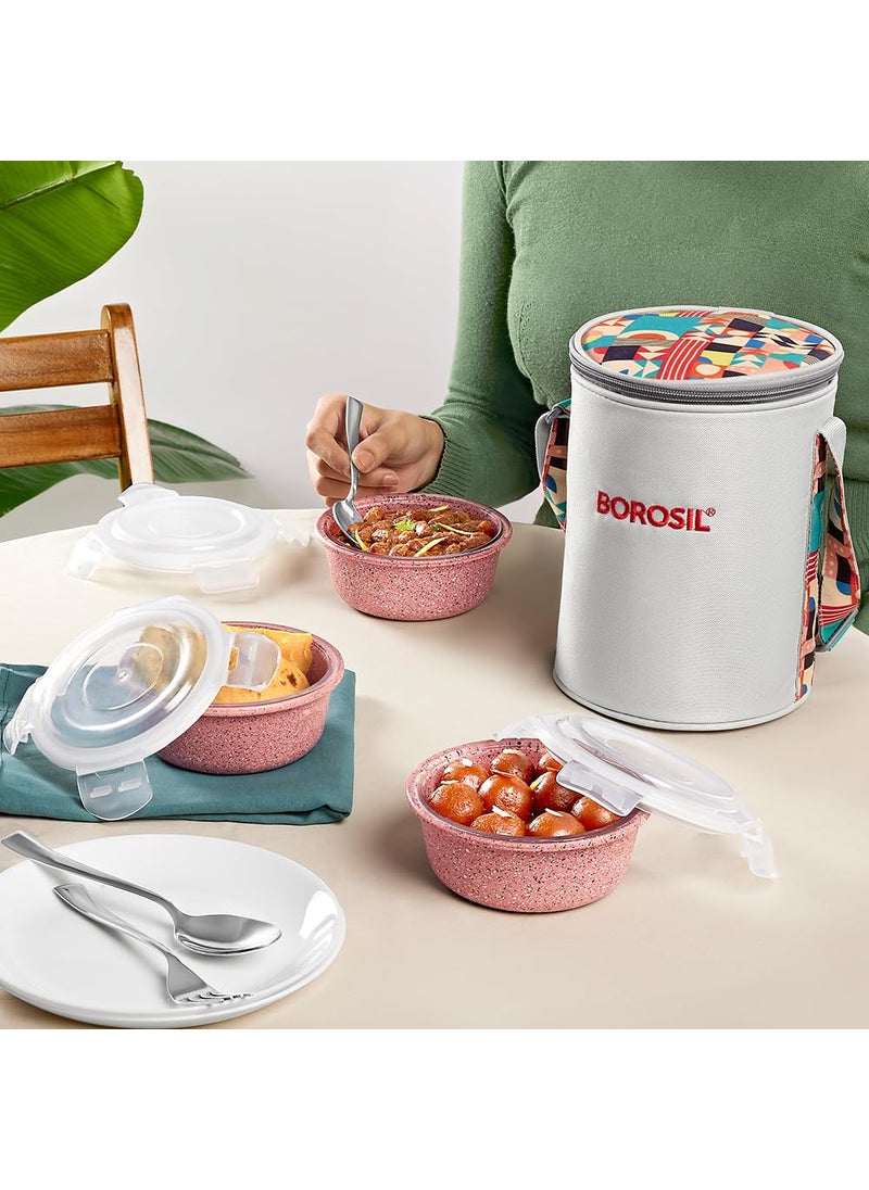 BOROSIL Borosil Kube Pink Borosilicate Glass Lunchbox with Bag 3 pc Round Container Set 400 ml Each Microwave Dishwasher Safe Leakproof Tiffin for Office School College Transparent  - Image 4