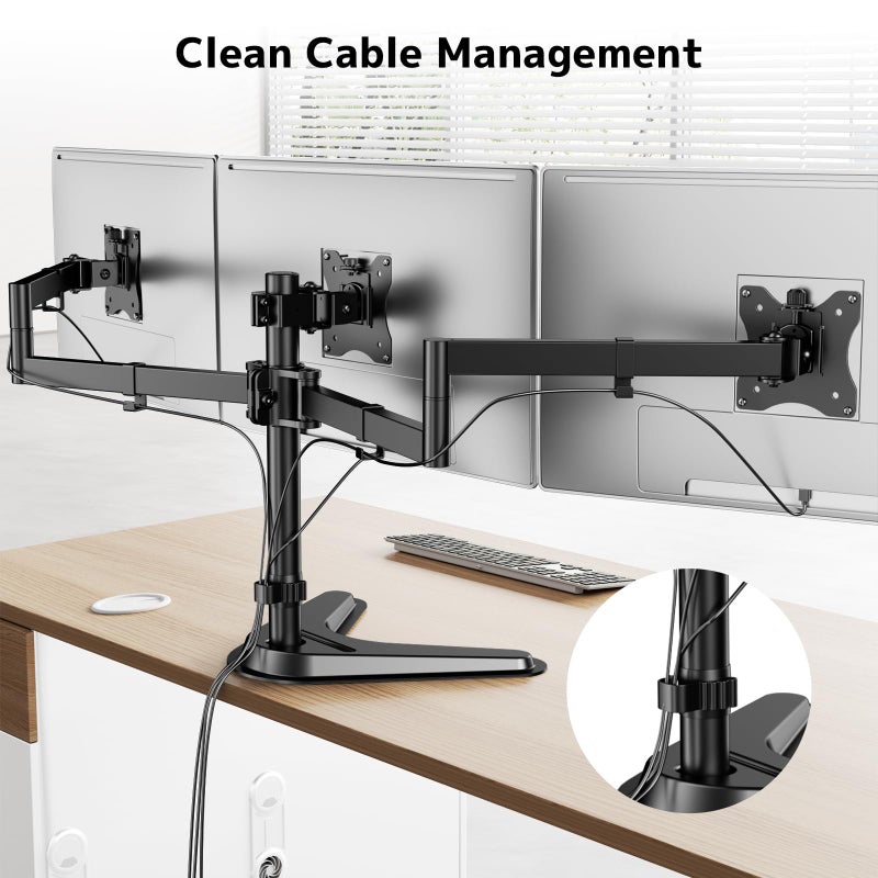 PUTORSEN Triple Monitor Stand, Heavy Fully Adjustable Motion Mount Fits 3 Screens up to 27 inche, Free Standing Desk Stand with Base and Cable Management, 22 lbs Weight Capacity per Arm, Black - Image 5