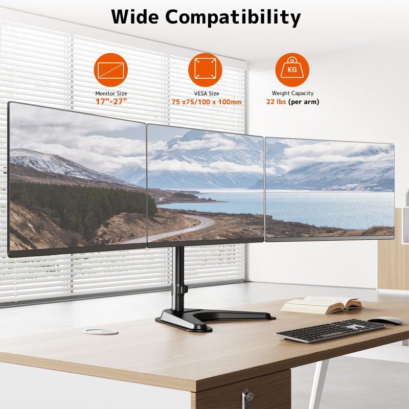PUTORSEN Triple Monitor Stand, Heavy Fully Adjustable Motion Mount Fits 3 Screens up to 27 inche, Free Standing Desk Stand with Base and Cable Management, 22 lbs Weight Capacity per Arm, Black - Image 2
