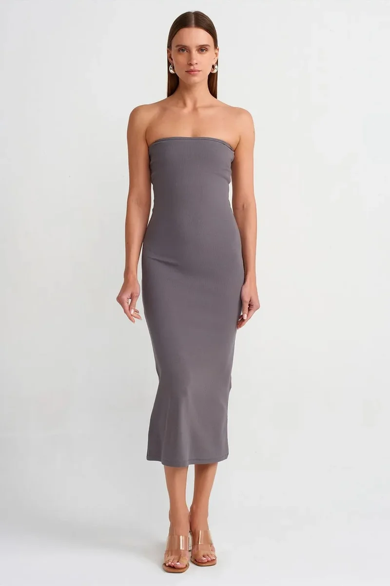Dilvin Charcoal Grey DILVIN Strapless Bodycon Midi Dress for Women | Best Price UAE