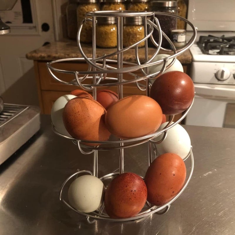 TENINYU Egg Skelter Deluxe Modern Spiraling Dispenser Rack - Chrome Plated Freestanding Wire Chicken Egg Storage Organizer Display Holder Basket for Countertop Kitchen, Silver - Image 3