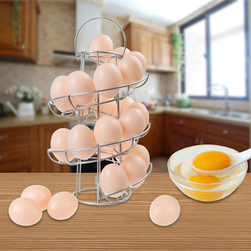 TENINYU Egg Skelter Deluxe Modern Spiraling Dispenser Rack - Chrome Plated Freestanding Wire Chicken Egg Storage Organizer Display Holder Basket for Countertop Kitchen, Silver - Image 2