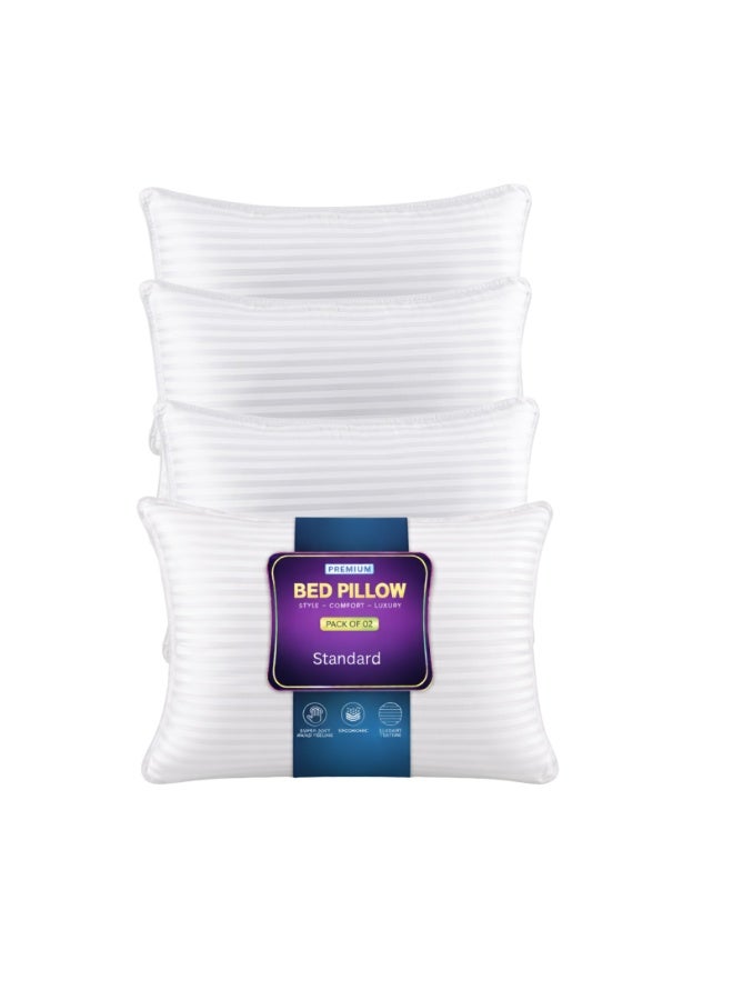 Bed Pillow, 4 Pieces, 1000 Gram Each, Size 50x70 cm, Stripe Luxury Down Alternative Filling, Soft Brushed Microfiber, Anti-Allergy, White, Pack of 4