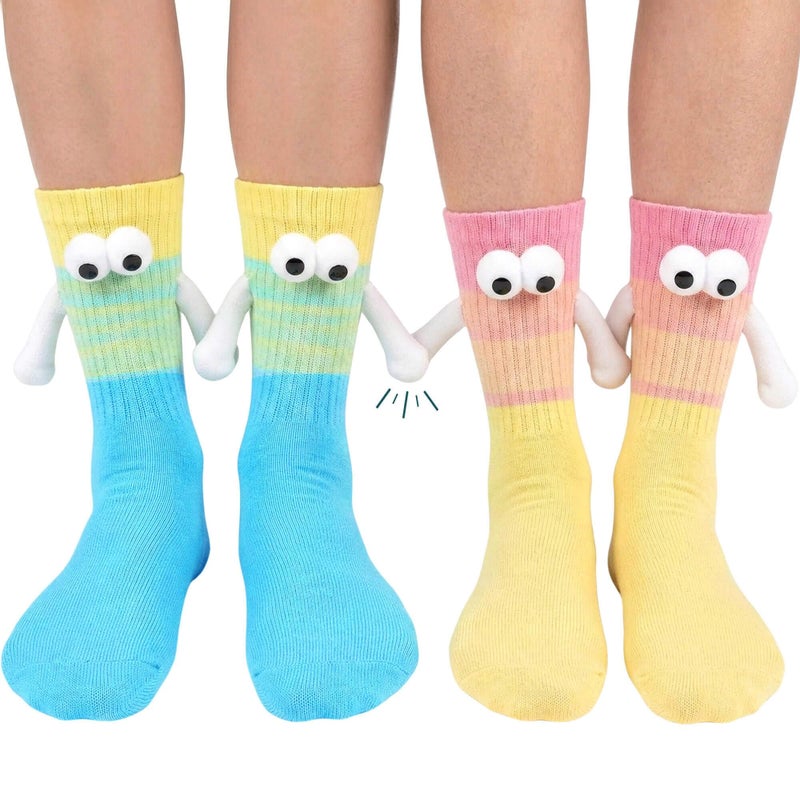 YKW Magnetic Crazy Socks - 2 Pairs Fun Cartoon Character Socks That Hold Hands - Unique Novelty Gifts for Men Women Best Friends (Yellow/Blue & Pink/Yellow) - Image 1