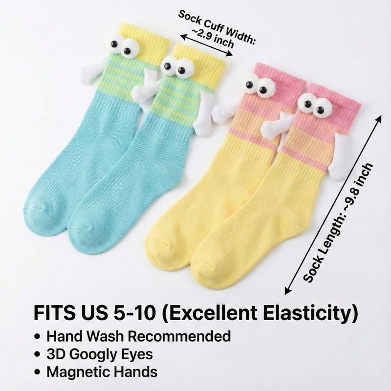 YKW Magnetic Crazy Socks - 2 Pairs Fun Cartoon Character Socks That Hold Hands - Unique Novelty Gifts for Men Women Best Friends (Yellow/Blue & Pink/Yellow) - Image 4