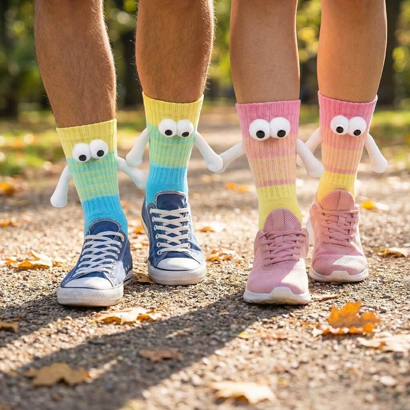 YKW Magnetic Crazy Socks - 2 Pairs Fun Cartoon Character Socks That Hold Hands - Unique Novelty Gifts for Men Women Best Friends (Yellow/Blue & Pink/Yellow) - Image 5
