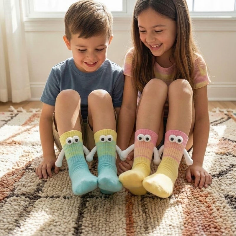 YKW Magnetic Crazy Socks - 2 Pairs Fun Cartoon Character Socks That Hold Hands - Unique Novelty Gifts for Men Women Best Friends (Yellow/Blue & Pink/Yellow) - Image 2