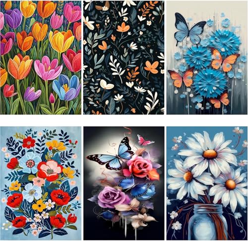 DOTZSO Diamond Art Kits for Adults 6 PCS DIY Full Diamond Art kit with Crystal Cross Stitch Picture Art and Craft for Adult Beginners 12x16 Inches Flowers Butterfly - Image 1