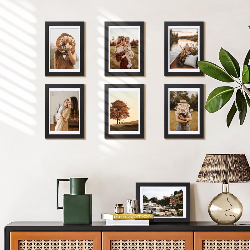 HappyHapi 4x6 Picture Frame Set of 5, Black Frames Display Photo 3.5x5 with Mat or 4x6 without, Gallery Wall Frame Set, Wall or Tabletop Display (Black) - Image 2