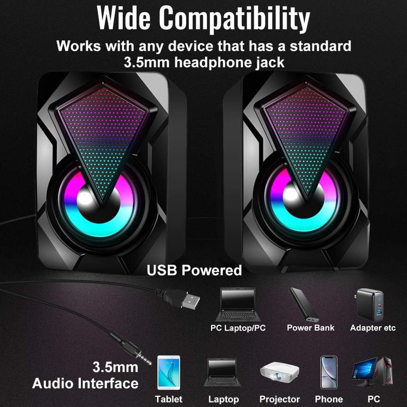 ماسرو مكبرات صوت للكمبيوتر، مكبر صوت سلكي للك��بيوتر 2.0 USB للألعاب ستيريو صغير متعدد الوسائط مع تحكم في مستوى الصوت وأضواء RGB ومدخل مساعد 3.5 ملم للهواتف والأجهزة اللوحية وأجهزة الكمبيوتر المكتبية والمحمولة - Image 5