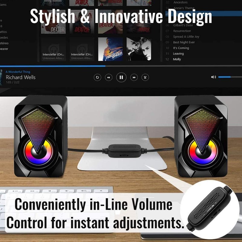 ماسرو مكبرات صوت للكمبيوتر، مكبر صوت سلكي للك��بيوتر 2.0 USB للألعاب ستيريو صغير متعدد الوسائط مع تحكم في مستوى الصوت وأضواء RGB ومدخل مساعد 3.5 ملم للهواتف والأجهزة اللوحية وأجهزة الكمبيوتر المكتبية والمحمولة - Image 4