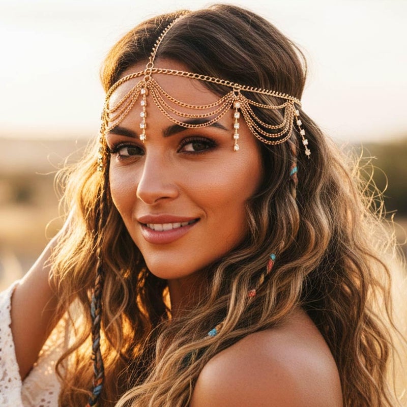 Catery Boho Head Chain Gold Rhinestone Headpiece 1920s Wedding Hair Jewelry Accessories for Women - Image 5