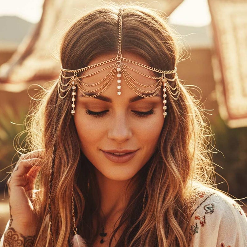 Catery Boho Head Chain Gold Rhinestone Headpiece 1920s Wedding Hair Jewelry Accessories for Women - Image 3