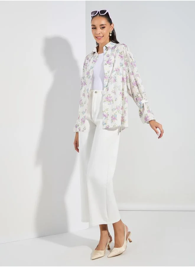 Styli Floral Embroidered Shirt with Flared Sleeves