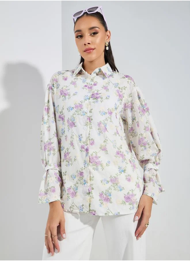 Styli Floral Embroidered Shirt with Flared Sleeves