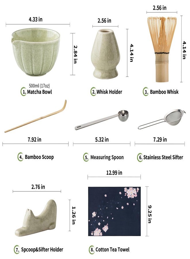 HTRCXB 8 Pcs Matcha Whisk Set - HTRCXB Matcha Set with Ceramic Bowl, Bamboo Whisk & Holder, Scoop, Sifter, Measuring Spoon, Scoop Rest & Tea Towel, Complete Gift Kit for Beginners & Tea Lovers - Image 2