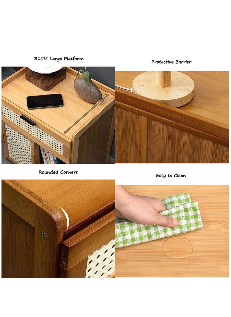 XiuWoo - 2-Tier boho Wood Bamboo Bedside Table Nightstand Bedside Cabinet Side Table End Table Sofa Table with Drawer Storage, open shelf for Bedroom Living Room Office - Image 1