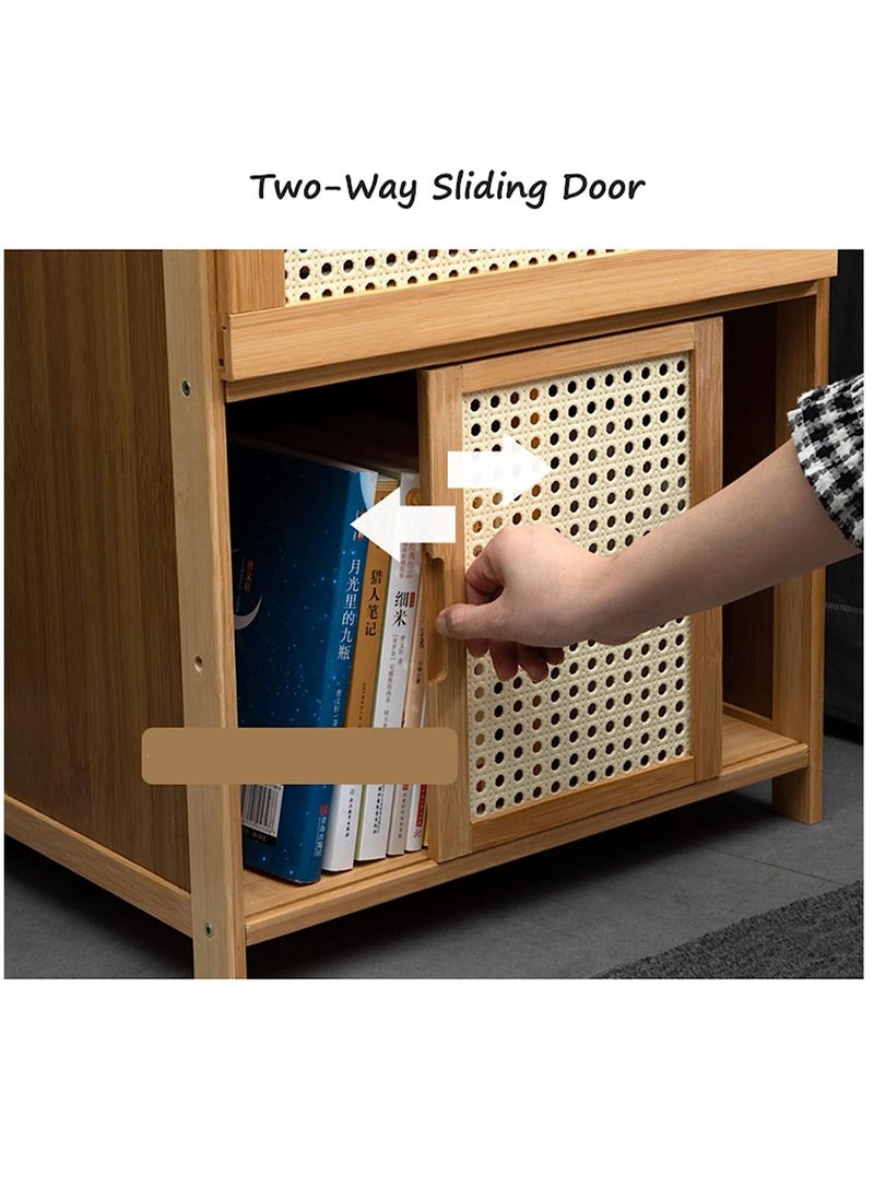 XiuWoo - 2-Tier boho Wood Bamboo Bedside Table Nightstand Bedside Cabinet Side Table End Table Sofa Table with Drawer Storage, open shelf for Bedroom Living Room Office - Image 1