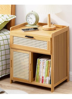 2-Tier boho Wood Bamboo Bedside Table Nightstand Bedside Cabinet Side Table End Table Sofa Table with Drawer Storage, open shelf for Bedroom Living Room Office