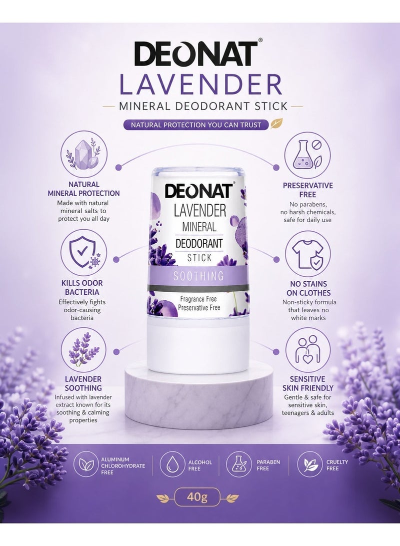 DEONAT Lavender Mineral Deodorant Stick 40g Pack of 2 Natural Alum Crystal Deodorant Antibacterial Anti Odor Soothing Underarm Care for Sensitive Skin Non Staining Long Lasting All Day Protection for Men and Women - Image 2