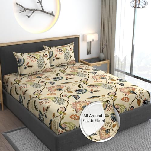 AMEYAA 320 TC Cotton Feel Glace Cotton Elastic Fitted Printed King Size Double Bed Bedsheet with 2 Pillow Coverm Fits Upto 8 inches Mattress,Size- 72x78x10 Inches,Beige - Image 1