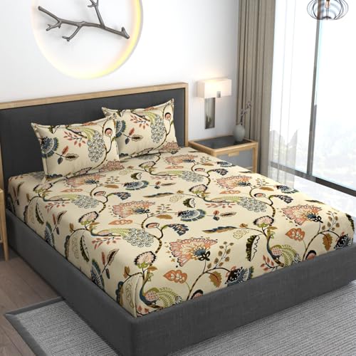 AMEYAA 320 TC Cotton Feel Glace Cotton Elastic Fitted Printed King Size Double Bed Bedsheet with 2 Pillow Coverm Fits Upto 8 inches Mattress,Size- 72x78x10 Inches,Beige - Image 2