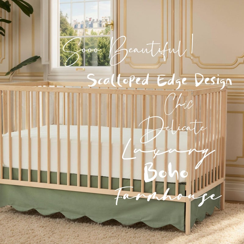 Brandream Scallop Edge Cotton Crib Skirt Toddler Bedskirt Baby Nursery Crib Bed Skirt Boho Bohemian Neutral Solid Color Vintage Sage Green Farmhouse Chic Boho Bohemian Skirt - Image 2