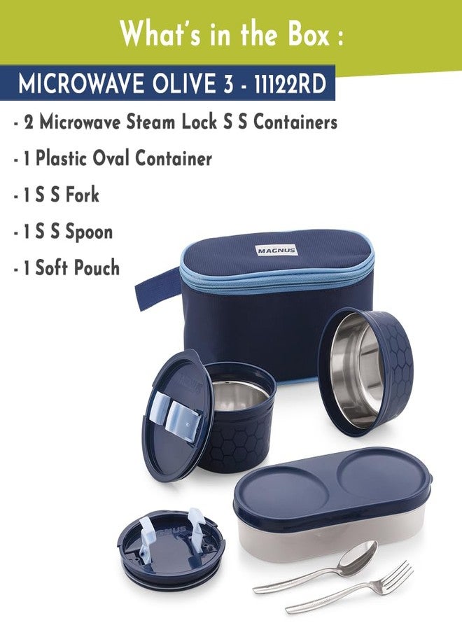 Magnus Microwave Olive 3 - Stainless Steel Lunch Box for Kids and Adults with 2 Steamlock Containers, Ideal Lunch Boxes for Office Men, Includes Roti Box, Fork, and Spoon - Image 2