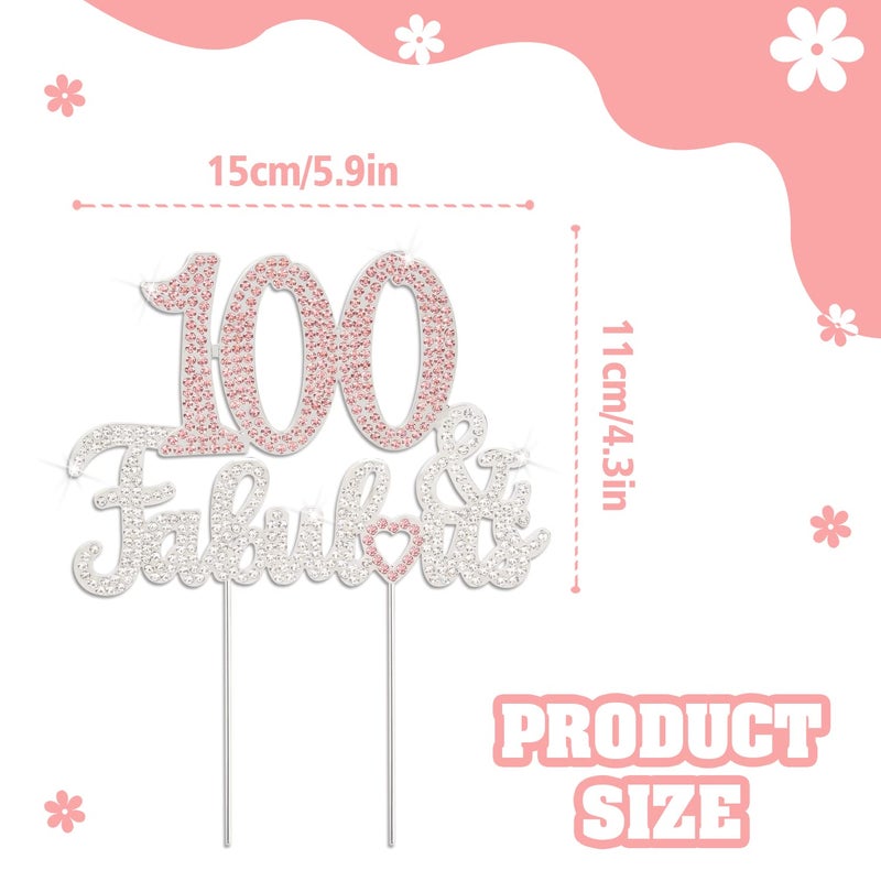 LASKYER 100 & Fabulous Silver Pink Rhinestone Cake Topper - Happy 100th Birthday Cheers to 100 Years Old Bday Party Metal Sparkly Food Centerpieces Topper Decorations Keepsake. - Image 3