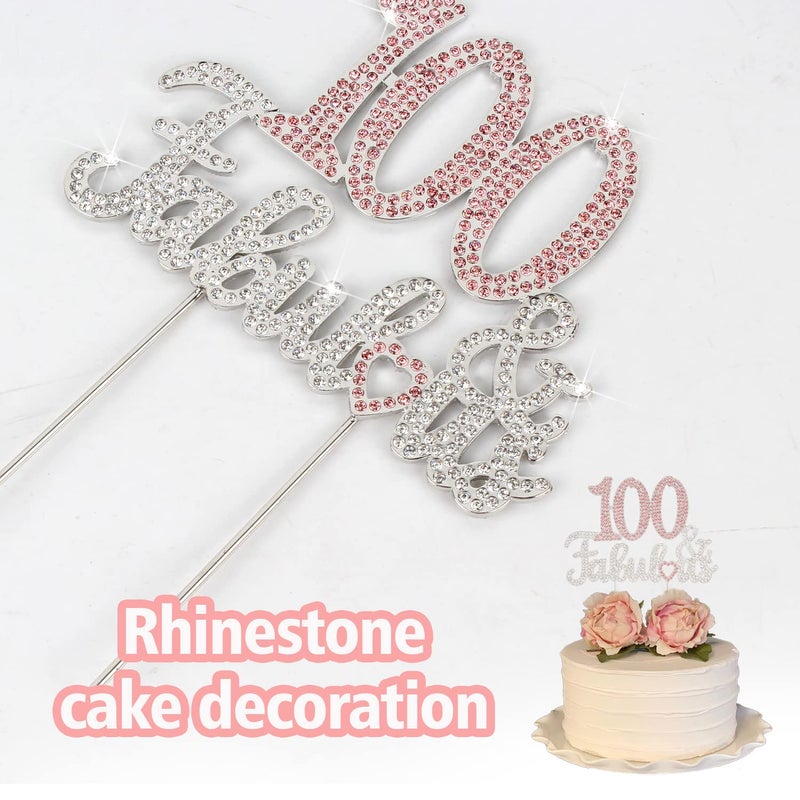 LASKYER 100 & Fabulous Silver Pink Rhinestone Cake Topper - Happy 100th Birthday Cheers to 100 Years Old Bday Party Metal Sparkly Food Centerpieces Topper Decorations Keepsake. - Image 2