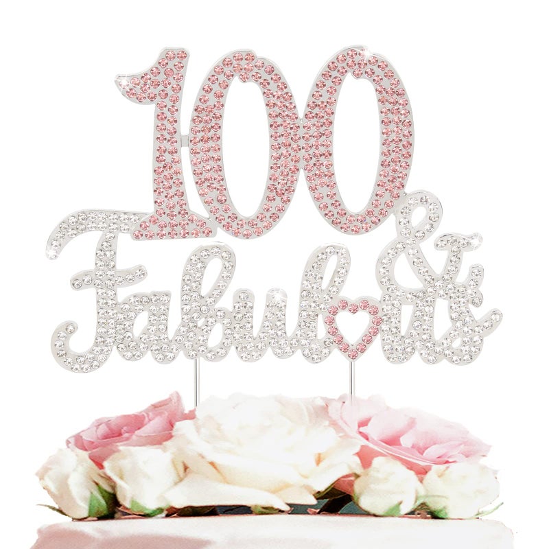 LASKYER 100 & Fabulous Silver Pink Rhinestone Cake Topper - Happy 100th Birthday Cheers to 100 Years Old Bday Party Metal Sparkly Food Centerpieces Topper Decorations Keepsake. - Image 1