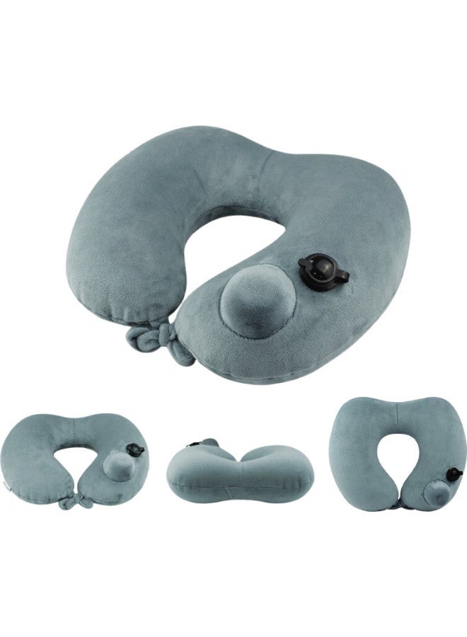 Wellhouse Heart-Shaped Inflatable Pillow, Push-Type U-Shaped Pillow, Travel Pillow, Removable And Washable, Velvet Material, Style B, Gray - Image 2