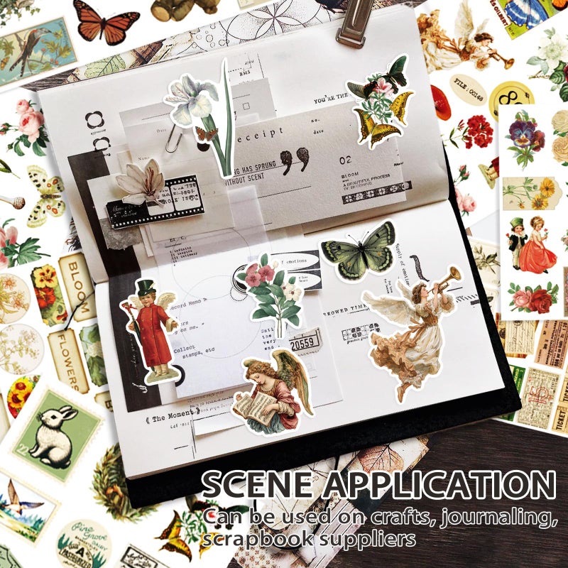Bomichi Vintage Sticker Book, 32 Sheets 496 Pcs Vintage Aesthetics Stickers & 20 Sheets Washi Paper for Journaling Scrapbooking Bullet Journals Planners Letter Card Making - Image 3