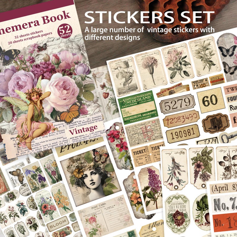 Bomichi Vintage Sticker Book, 32 Sheets 496 Pcs Vintage Aesthetics Stickers & 20 Sheets Washi Paper for Journaling Scrapbooking Bullet Journals Planners Letter Card Making - Image 2