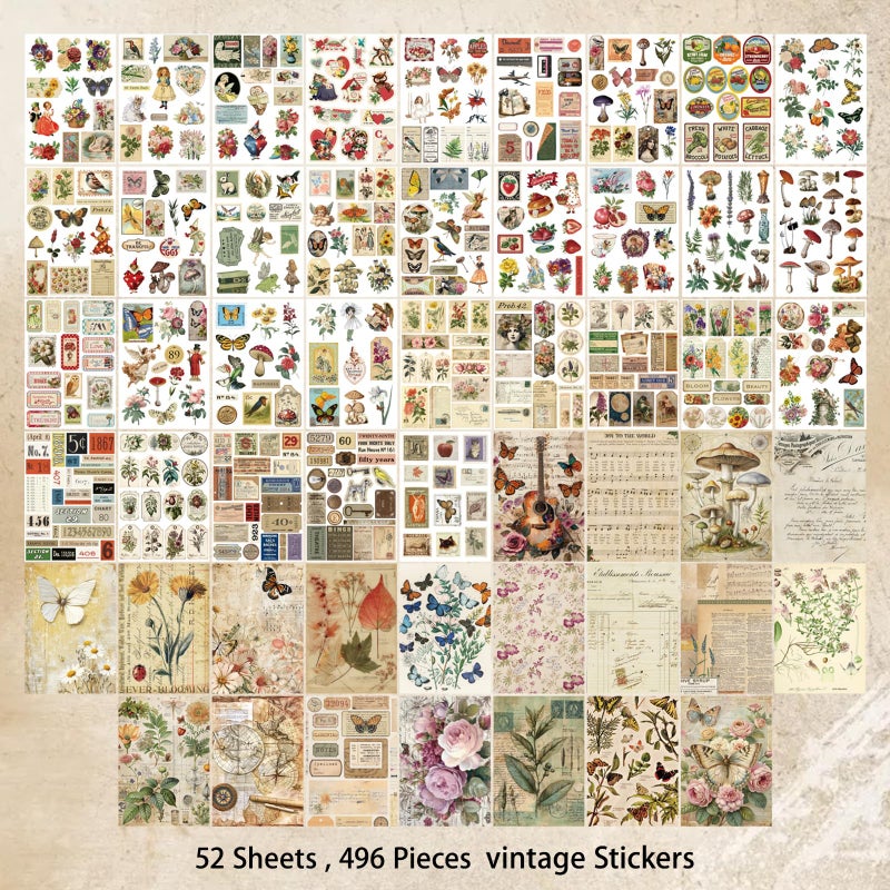 Bomichi Vintage Sticker Book, 32 Sheets 496 Pcs Vintage Aesthetics Stickers & 20 Sheets Washi Paper for Journaling Scrapbooking Bullet Journals Planners Letter Card Making - Image 4