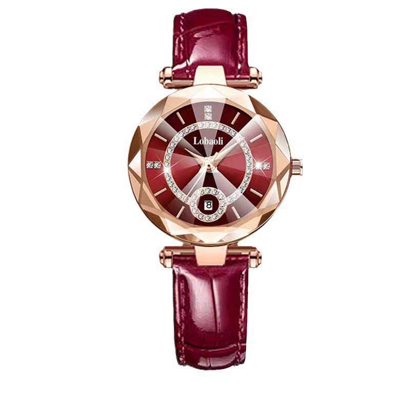 Trendy Quartz Watch Retro Ladies DiamondCalendar red belt watch box Calendar red belt watch box